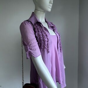 2 in 1 cami and button shirt sag harbor 14 Lavender Ruffle Front Women’s Blouse